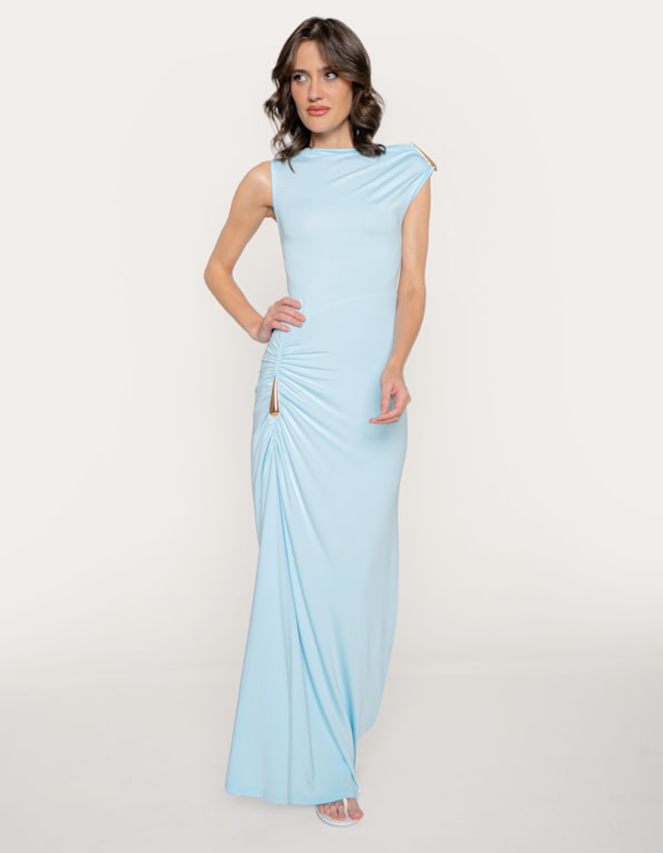 Vestido longo drapeado detalhe metálico Azul