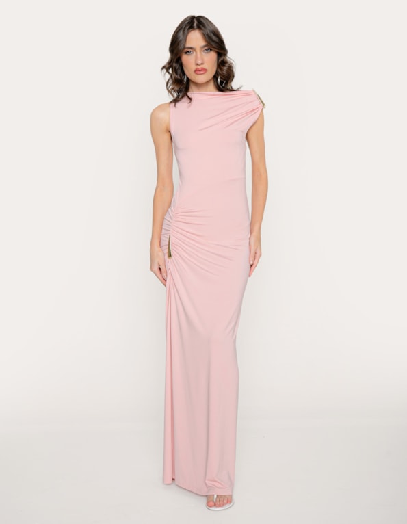 Vestido longo drapeado detalhe metálico Rosa