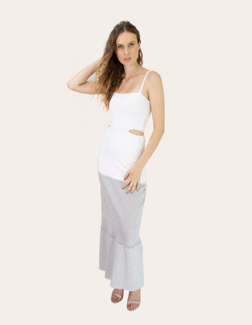 Vestido longo duo tricot lurex Prata