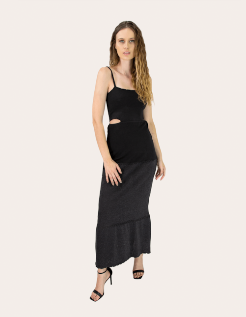 Vestido longo duo tricot lurex Preto