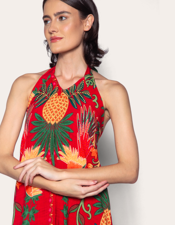 Vestido longo estampado tropical vermelho abacaxi