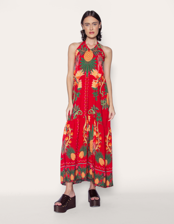 Vestido longo estampado tropical vermelho abacaxi