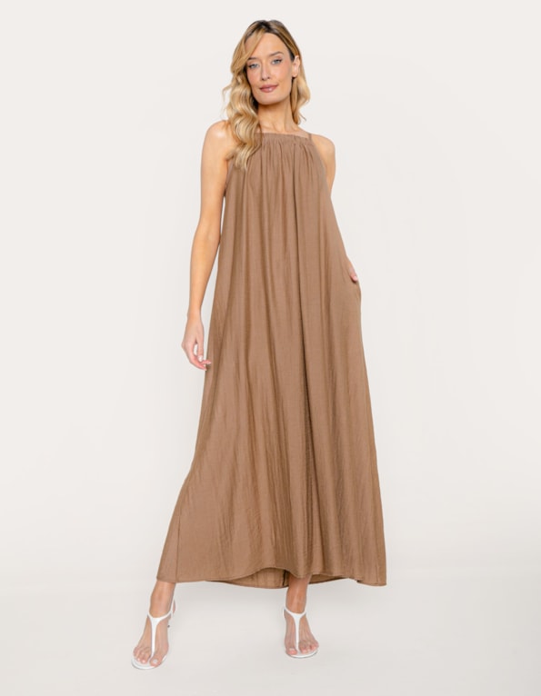 Vestido longo evase amplo  Marrom