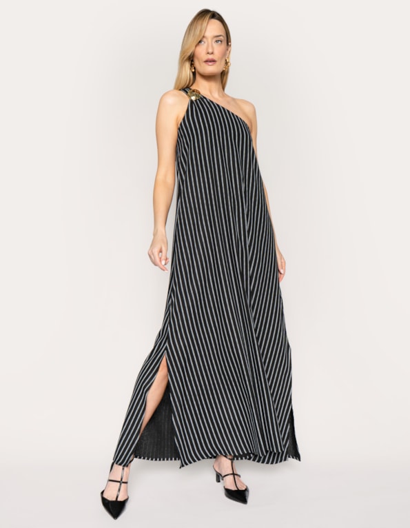 Vestido longo fivela ombro listrado 