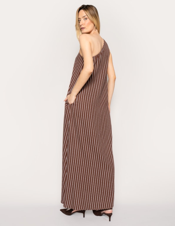 Vestido longo fivela ombro listrado 