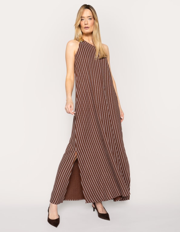 Vestido longo fivela ombro listrado 
