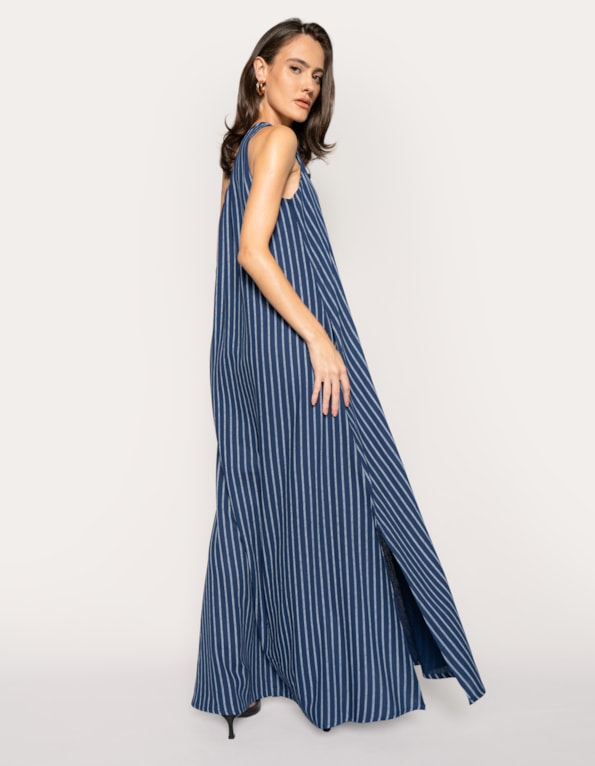 Vestido longo fivela ombro listrado 