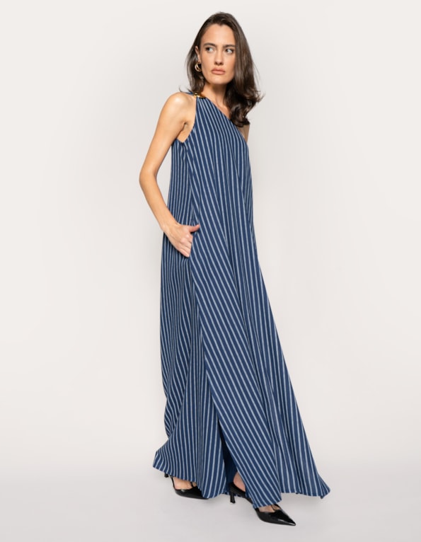 Vestido longo fivela ombro listrado 