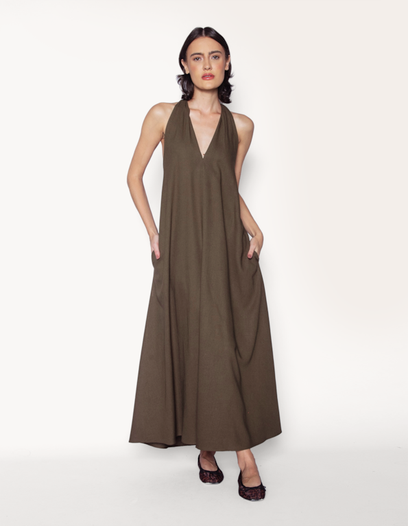 Vestido Longo Fluido Linho - Musgo
