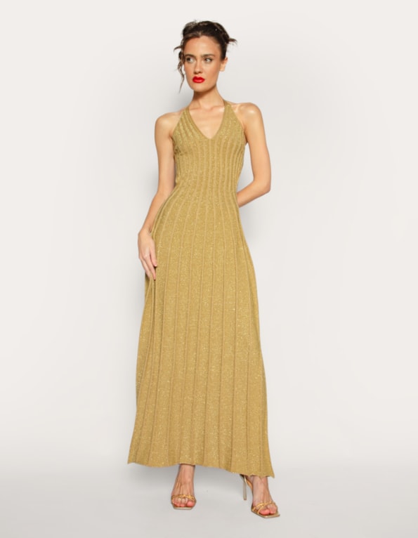 Vestido longo frente unica cut tricot lurex Dourado