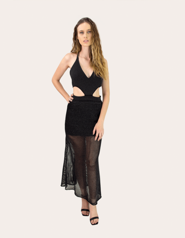 Vestido longo frente unica tricot lurex