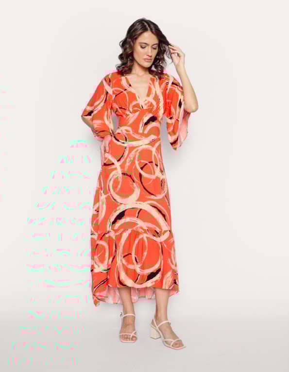 Vestido longo hi-lo manga godê Bolhas coral