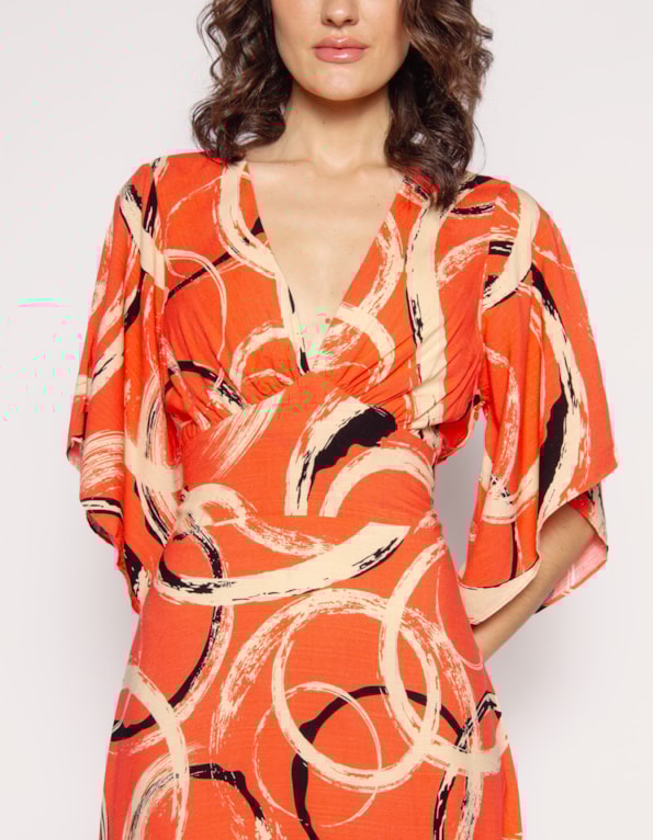 Vestido longo hi-lo manga godê Bolhas coral