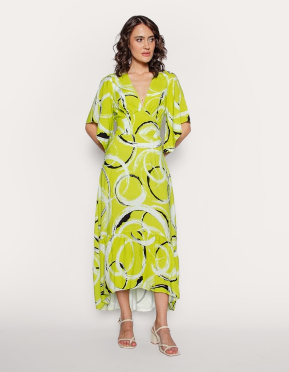 Vestido longo hi-lo manga godê Bolhas lima