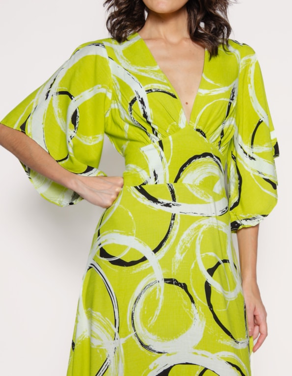 Vestido longo hi-lo manga godê Bolhas lima