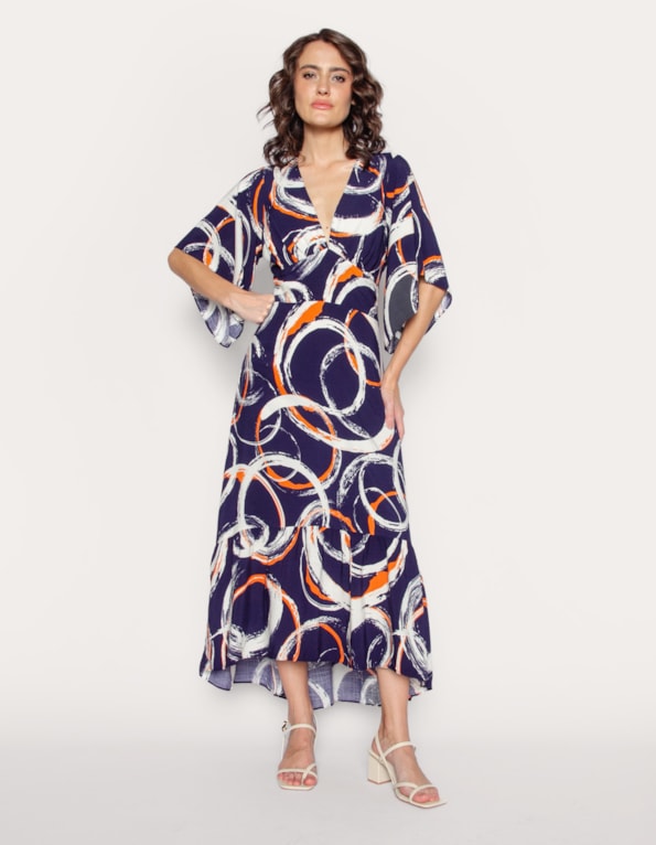 Vestido longo hi-lo manga godê Bolhas marinho