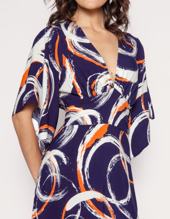 Vestido longo hi-lo manga godê Bolhas marinho