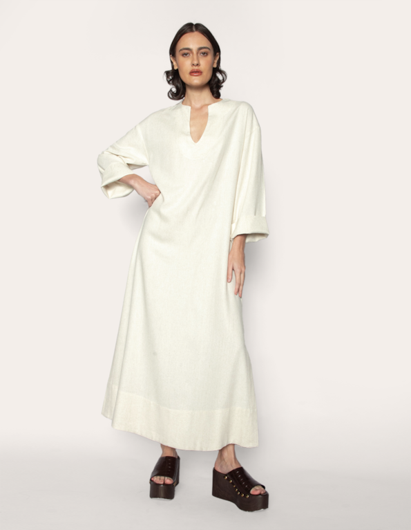 Vestido longo kaftan linho Cru