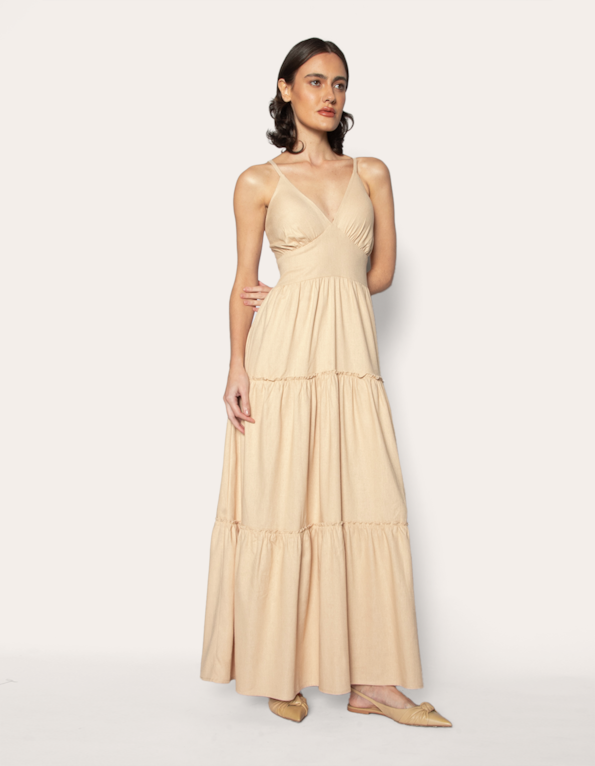 Vestido longo linho alcinha Areia