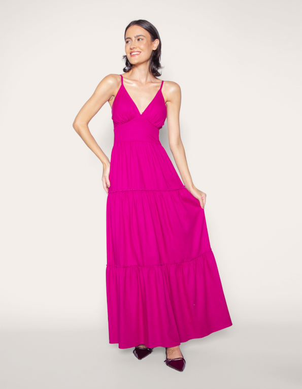 Vestido longo linho alcinha Magenta