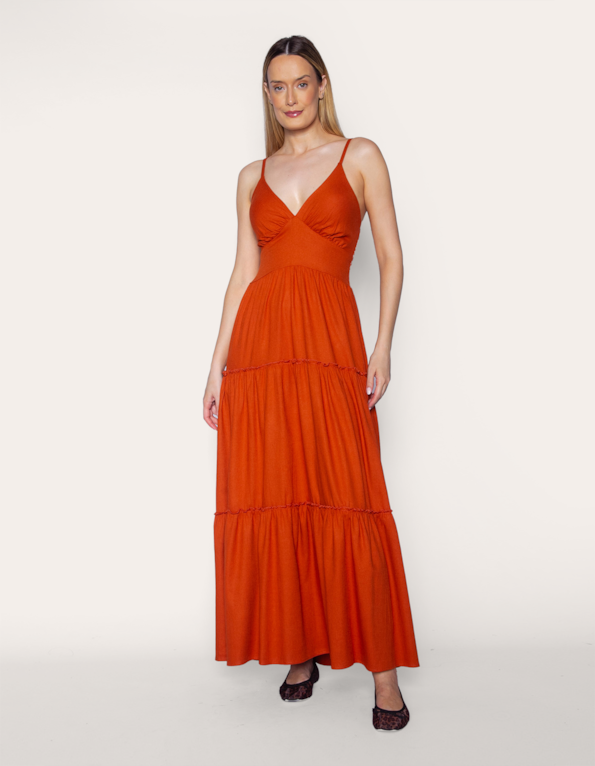 Vestido longo linho alcinha Telha
