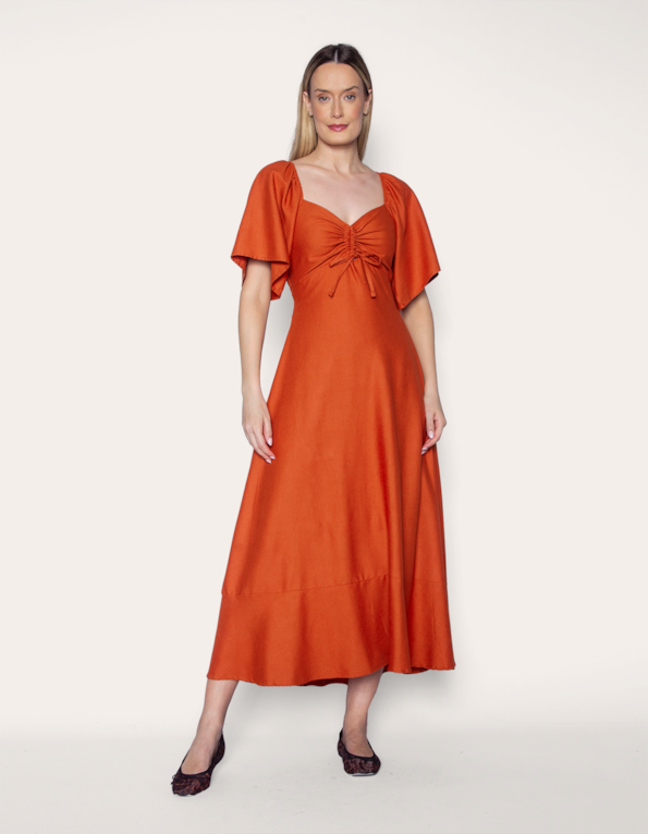 Vestido longo manga ciganinha Telha