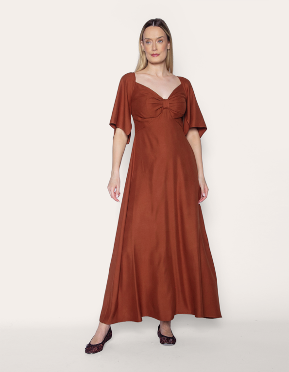 Vestido longo manga godê caramelo