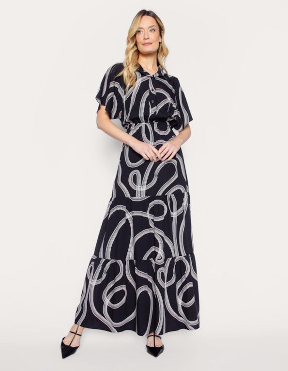 Vestido longo manga godê e gola estampado
