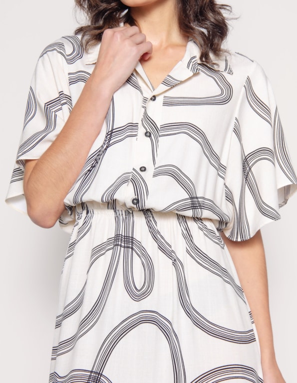 Vestido longo manga godê e gola estampado Bege claro