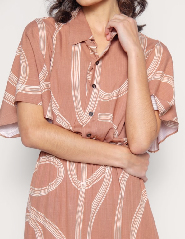 Vestido longo manga godê e gola estampado Marrom claro