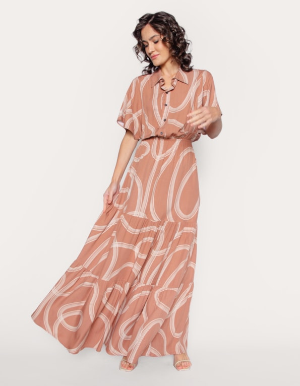 Vestido longo manga godê e gola estampado Marrom claro