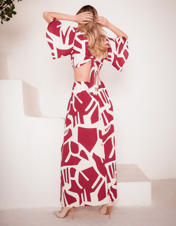 Vestido longo manga godê estampado Abstrato vinho