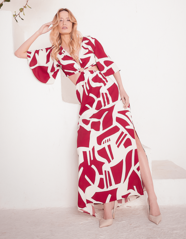 Vestido longo manga godê estampado Abstrato vinho