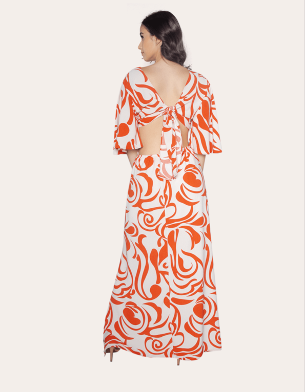Vestido longo manga godê estampado Arabesco terracota