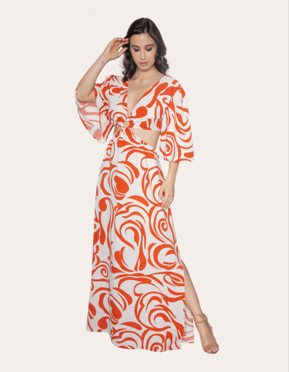 Vestido longo manga godê estampado Arabesco terracota