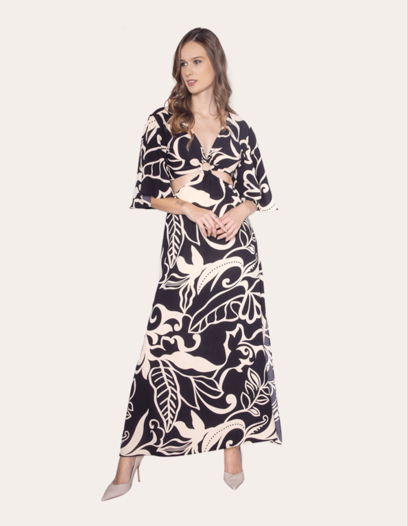 Vestido longo manga godê estampado Fl poa preto