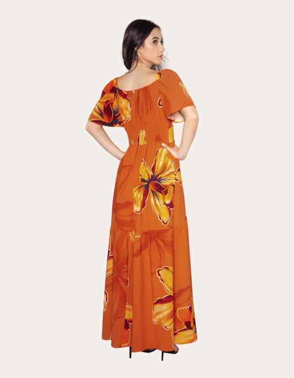 Vestido longo manga godê Hibisco terracota