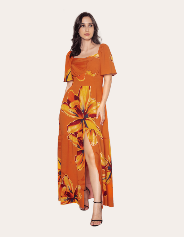 Vestido longo manga godê Hibisco terracota