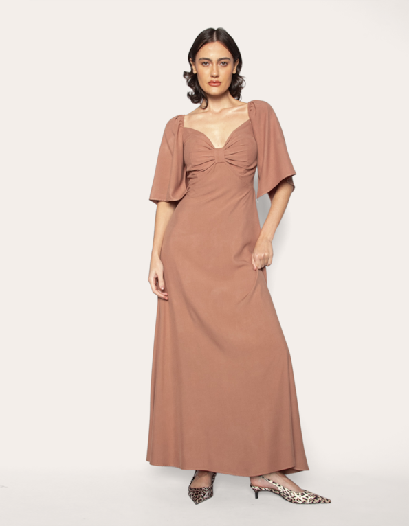Vestido longo manga godê Marrom claro
