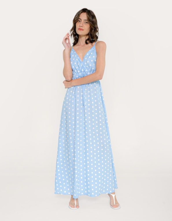 Vestido longo poa Azul claro