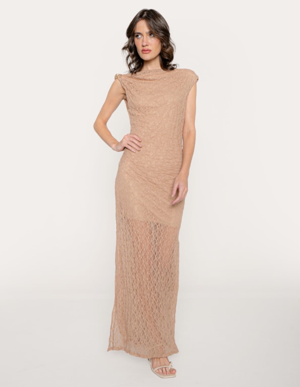 Vestido longo renda fivela ombro Bege medio