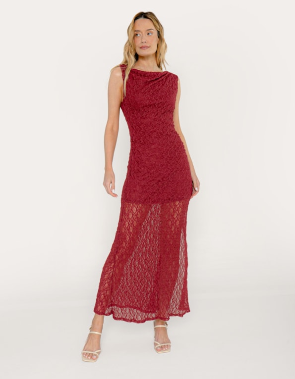 Vestido longo renda fivela ombro Vermelho escuro