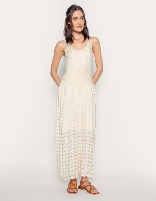 Vestido Longo Riviera Cavado em Tricot Bege claro