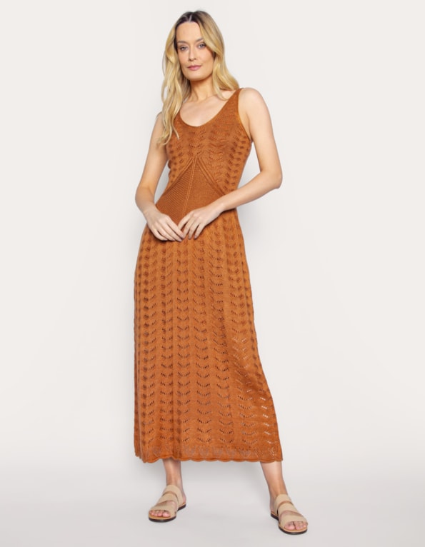 Vestido Longo Riviera Cavado em Tricot Marrom claro