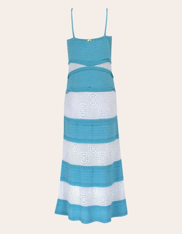 Vestido longo tricot decote babadinho Azul/branco