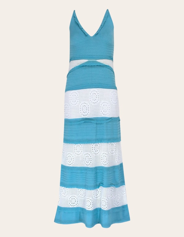 Vestido longo tricot decote babadinho Azul/branco