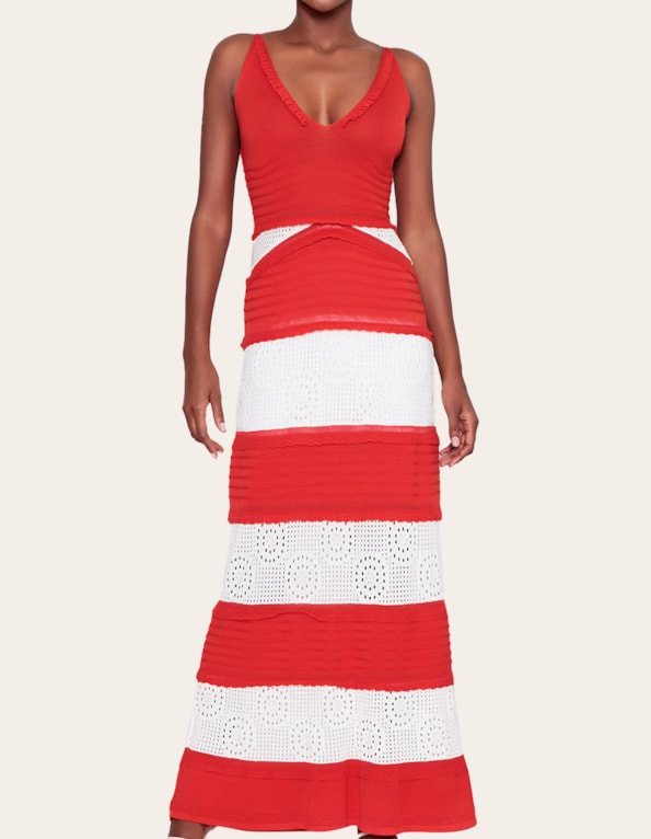 Vestido longo tricot decote babadinho Vermelho/branco