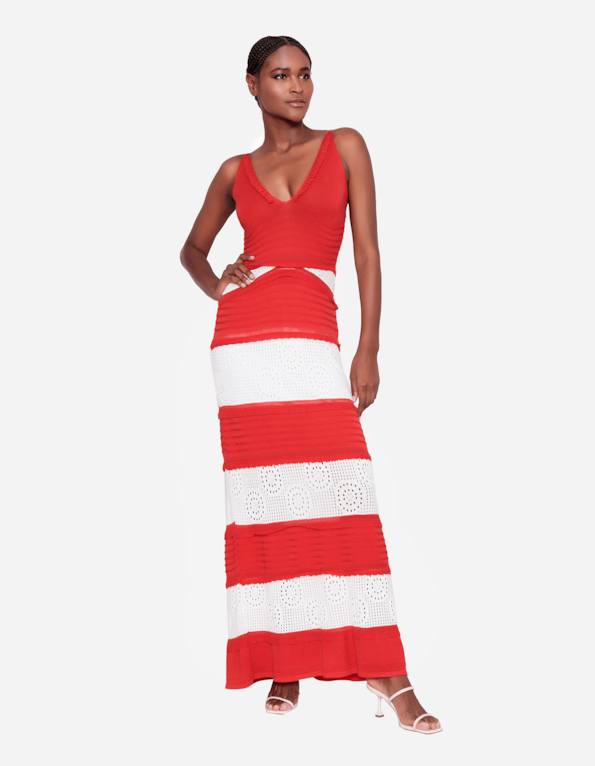 Vestido longo tricot decote babadinho Vermelho/branco