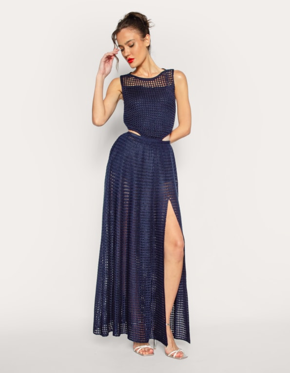 Vestido longo tricot hot pants Azul escuro
