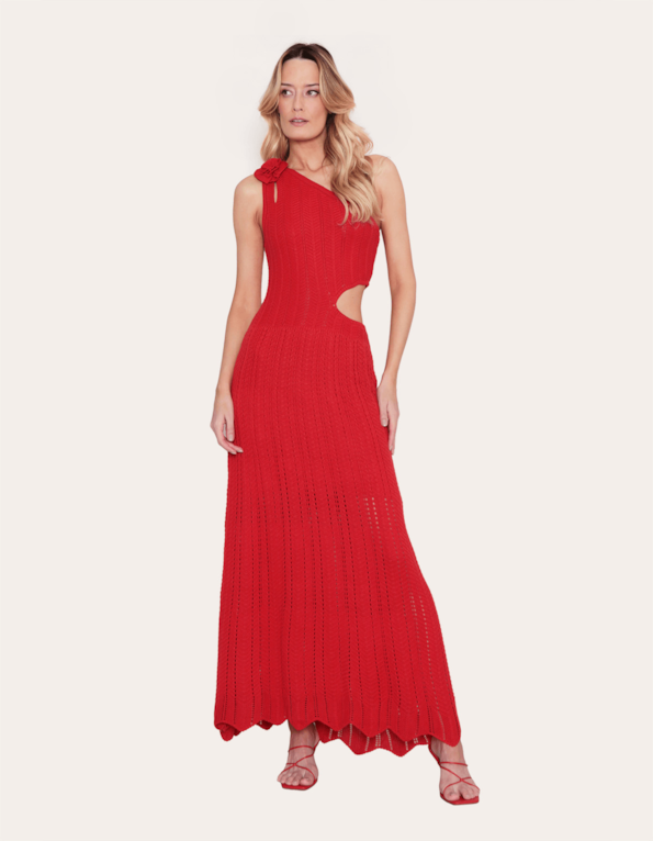 Vestido longo tricot ombro so Vermelho